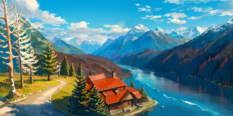 detailed background, masterpiece, best quality, scenery, mountains, river, forest, sun, day, clouds
