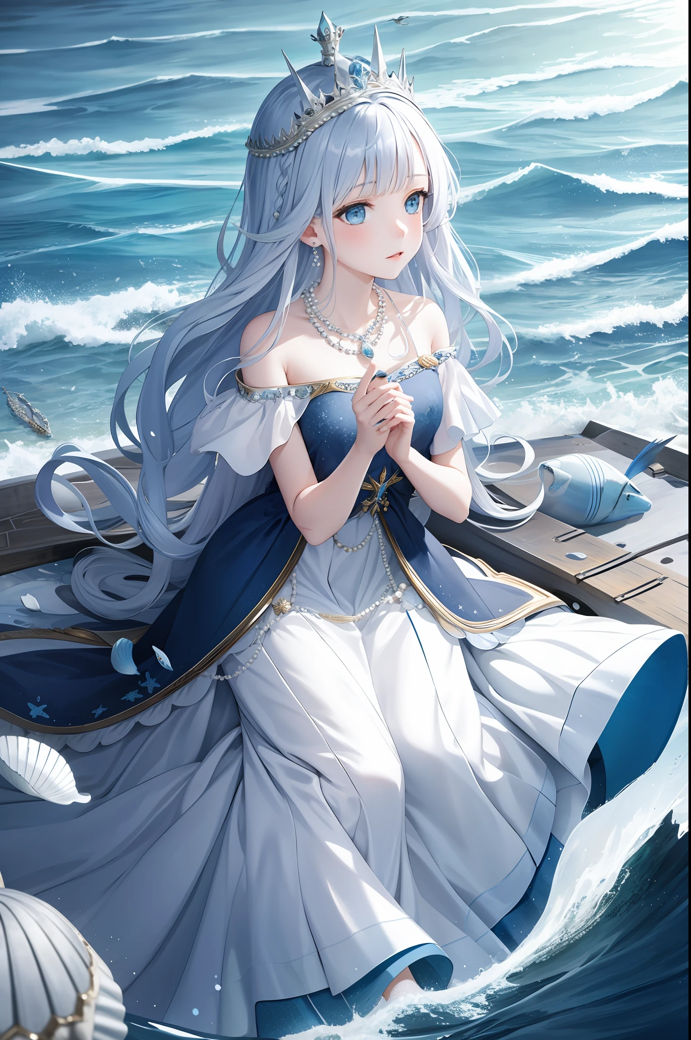 Girl, alone, sea blue long hair, blue eyes, dress, necklace, pearls, shells, waves, ocean, sea, fish, boat, super detail, best quality, white crown, masterpiece