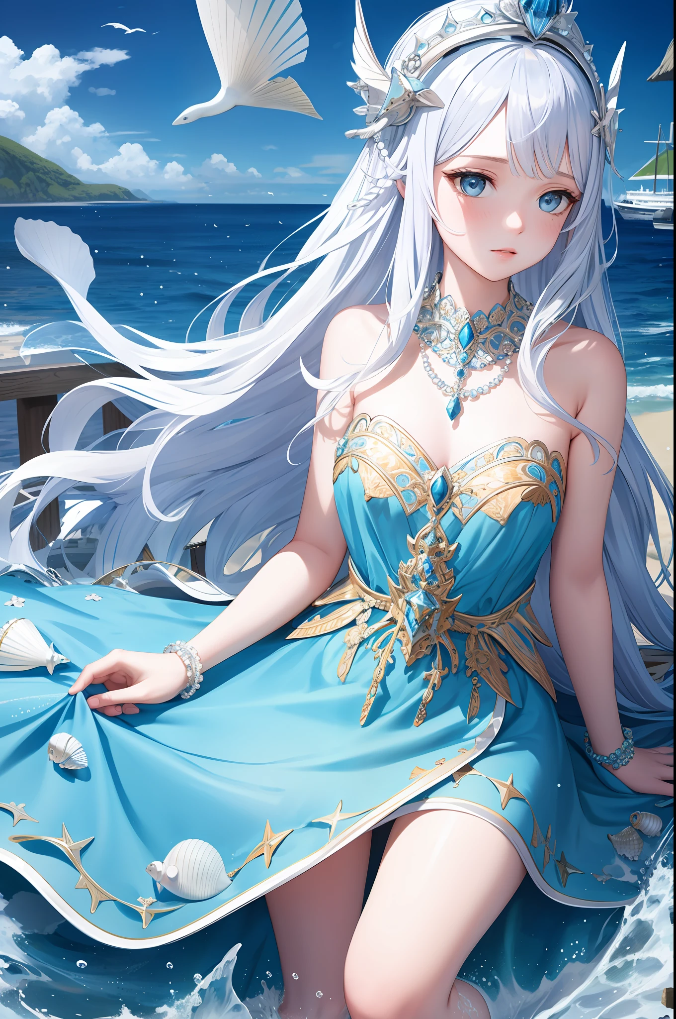 女の子, 一人で, 海 blue long hair, 青い目, ドレス, ネックレス, 真珠, 貝殻, 波, 海, 海, 魚, ボート, 超詳細, 最高品質, ホワイトクラウン, 傑作, 過激, ヘッドギア, 精巧なディテール , ストラップレス, 機内で