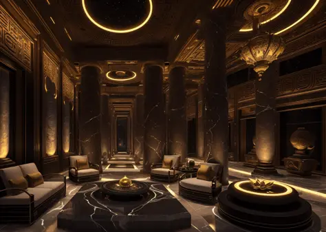 incredible luxurious futuristic interior in Ancient Egyptian style with lotus flowers, palm trees, hieroglyphics, rocky walls, s...