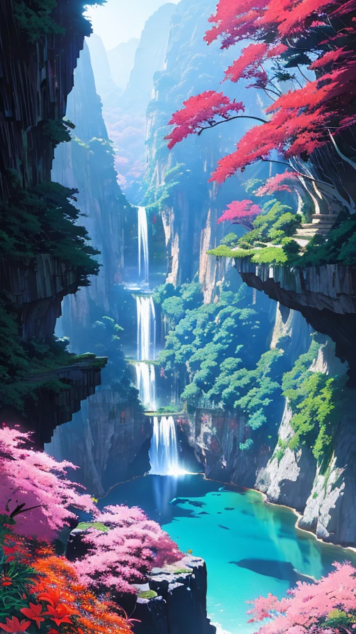 no humans, high quality, (red green pink blue colors), contrast, sharp focus, masterpiece, best quality, (waterfall, (water)), rocks, jungle, bamboo forest, mountain, (flowers), ocean side, cliff, painted by greg rutkowski makoto shinkai takashi takeuchi studio ghibli