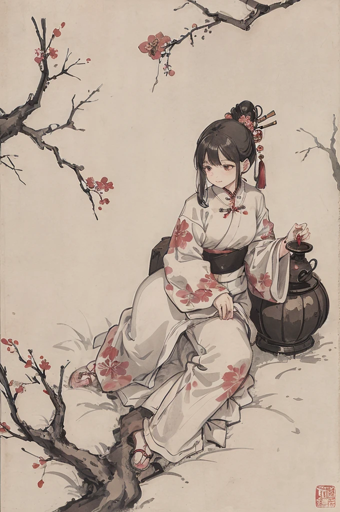 (Obra de arte, melhor qualidade: 1.2), pintura a tinta tradicional chinesa, Flor de ameixa, nevando, parede vermelha