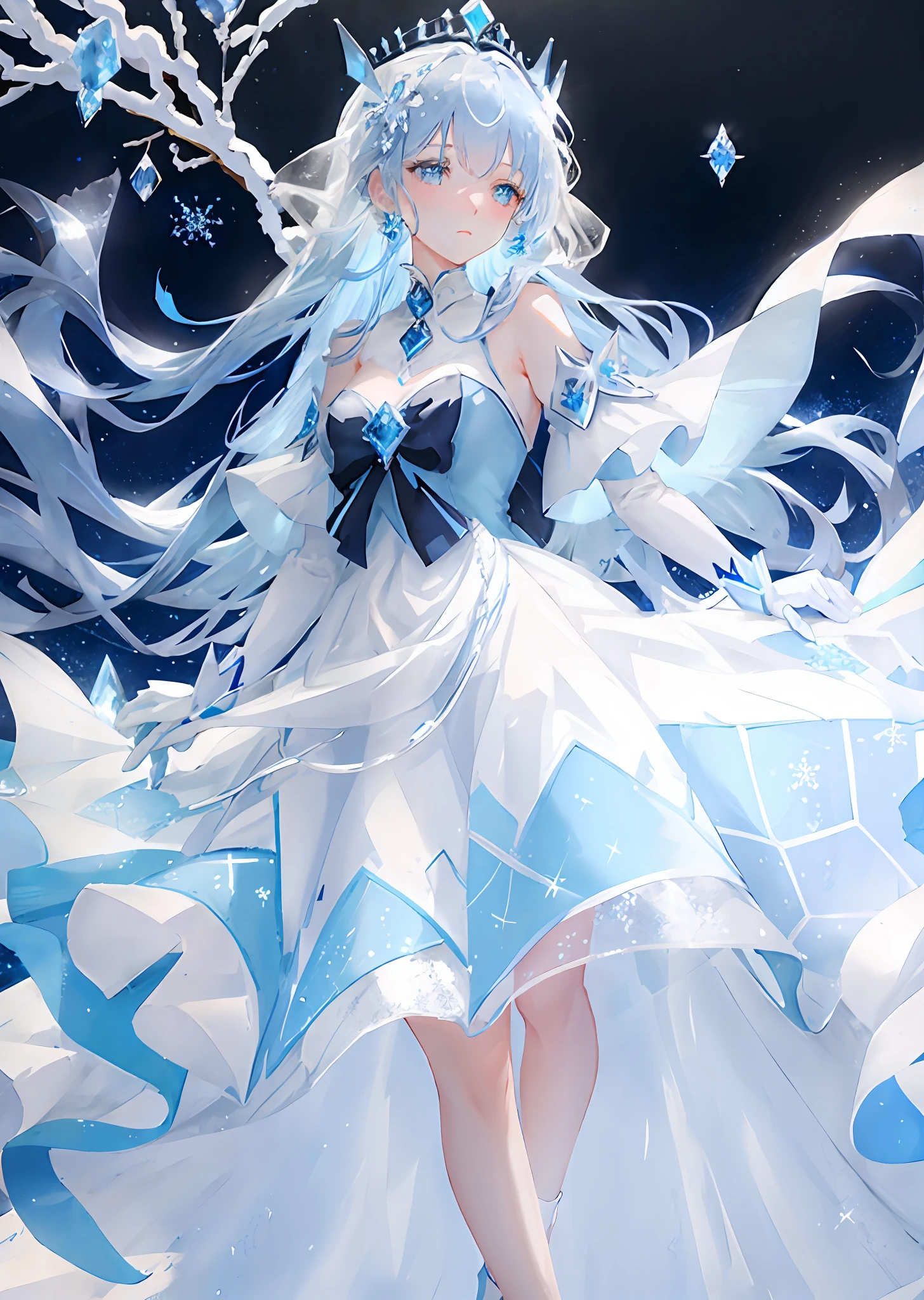 Blue and white crystals, ice blue long hair, blue and white dress, masterpiece, ice and snow patterns, white gloves, delicate headgear, girl, alone, best quality