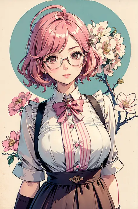 (masterpiece:1.2, best quality), (dinamic lighting) 1lady, solo, short hair, big breasts,  (shiny skin:1.2), upper body, monocle, glasses, modern, wavy pink hair,Suspenders, flower on ear, harajuku style, hair pin, loli ,ahoge