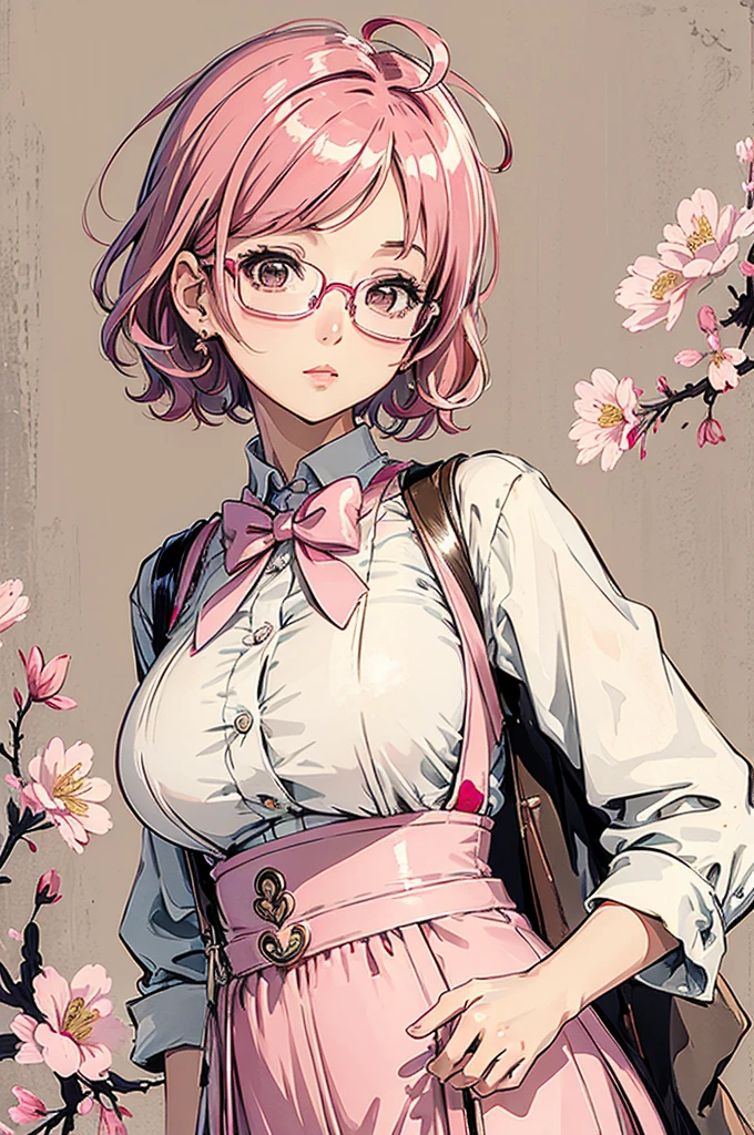 (masterpiece:1.2, best quality), (dinamic lighting) 1lady, solo, short hair, big breasts,  (shiny skin:1.2), upper body, glasses, modern, wavy pink hair,pink Suspenders, flower on ear, harajuku style, hair pin,  ,ahoge