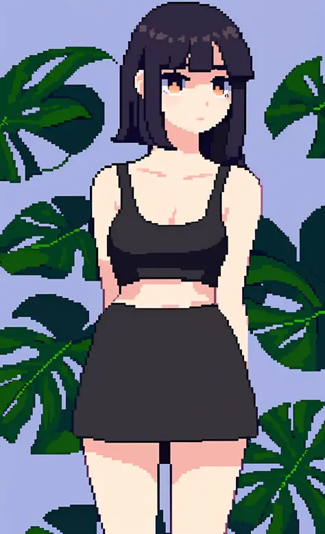 a cute woman in a black croptop and short skirt, blue eyes, monstera plants in the background, pixelart