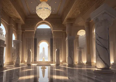 incredible white luxurious futuristic interior in Ancient Egyptian style with lotus flowers, palm trees, hieroglyphics, emerald,...
