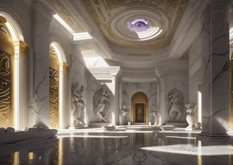 incredible white luxurious futuristic interior in Ancient Egyptian style with lotus flowers, emerald, amethyst, palm trees, hier...