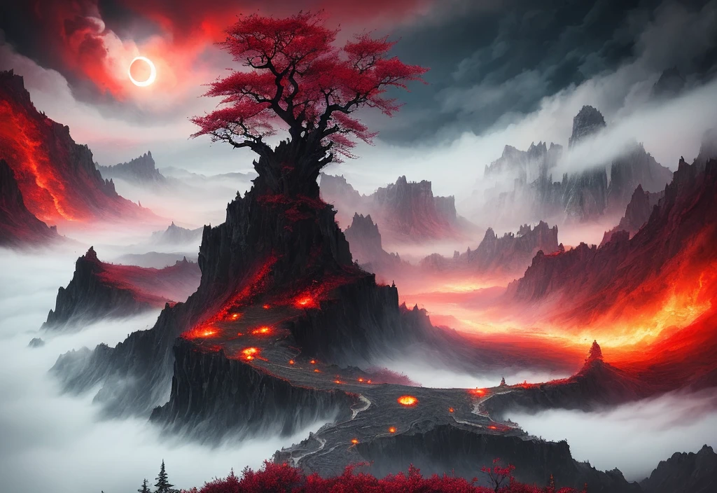 the horror of the sun and moon, Instagram, Pinterest, art station, ai art, digital paint, smoke, mist, vapor, wind, swirls, red, chaos, intricate details, intricate design, dark landscape, vast landscape, waterfalls, white cherry blossom trees, obsidian landscape,