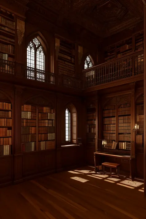 (level difference: 1.8), library, polished wood, antique books, Renaissance statues, gothic windows, wall shelves
