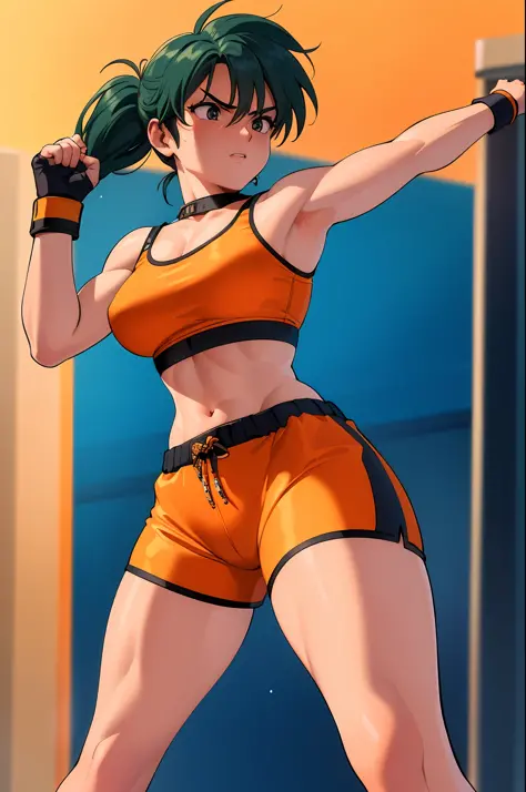 ((masterpiece)), (best quality), (detailed), (1 girl), mma fighter girl, short ponytail green hair, black eyes, fair skin, lean ...