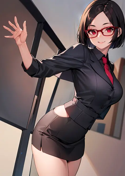 (best quality, masterpiece1.2), detailed,1girl, solo,looking at viewer,simple background, dynamic pose,smile ,detailed eyes , full body, red eyes, dark hair , bob cut, office lady, mature female, necktie, glasses, miniskirt, bokuman
