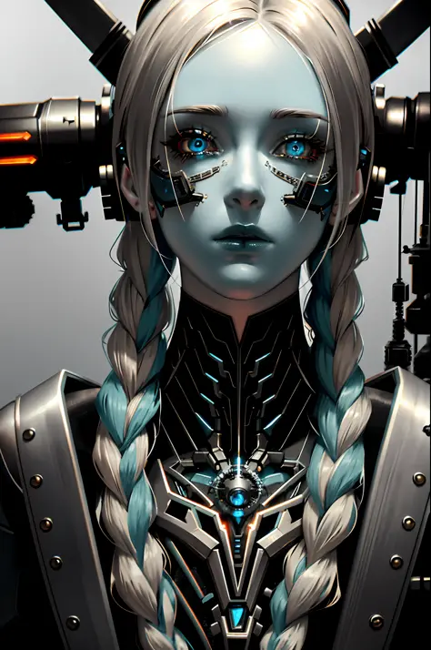 The background is a robot girl with braided doomsday atmosphere, with an oxygen mask on her face, [(red light eyes): 0.8], reali...