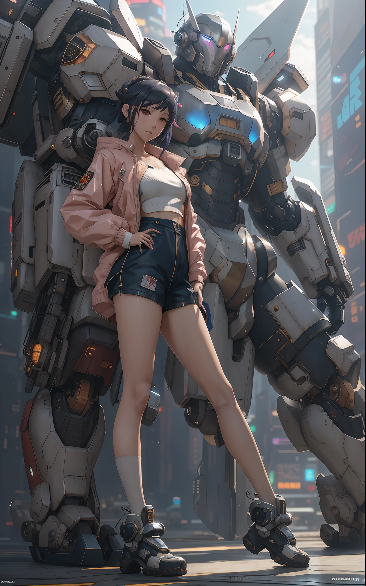 anime girl en short court et veste debout à côté d&#39;un robot géant, oeuvre d&#39;art dans le style de guweiz, cyberpunk anime fille mech, tendance sur cgstation, guweiz, par Russell Dongjun Lu, art animé cyberpunk numérique, Ross Tran 8K, Guweiz sur ArtStation Pixiv, fille en cyber-armure mecha