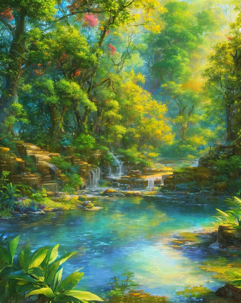 (alta resolução:1.1), melhor qualidade, (obra de arte:1.2), cores vibrantes, pintura digital, selva, água, Beleza natural, oásis tranquilo