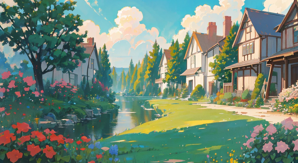 Masterpiece, best quality, official art, extremely detailed CG unity 8k wallpaper, outdoors, animals, spring \(seasons\), cloudy sky, studio ghibli, garden, village,