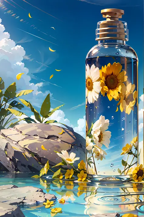 Hyper realistic scene, cosmetic bottle surrounded by yellow flowers, blue sky background, water, sunlight, low angle view, blender, product rendering, HD 8K. --v6