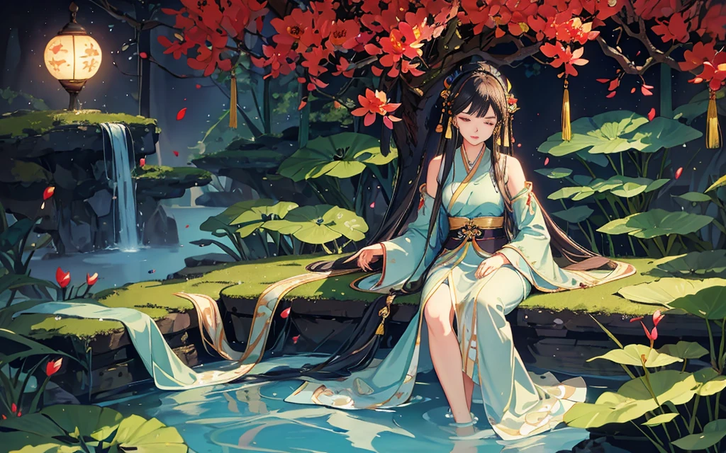 Dark green Hanfu, a woman, cool, fair skin, sea of flowers, pond, petals floating on the water, lily, clavicle, eyes closed, half submerged in water, dark background, moonlight, hairpin, jade pendant, Hanfu, delicate face, hair accessories, red lips, skirt, belt, jewelry, long hair, earrings, , hair strands, perfect body proportions, wet, slender legs, bridge