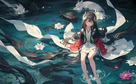 Dark green Hanfu, a woman, cool, fair skin, sea of flowers, pond, petals floating on the water, lily, clavicle, eyes closed, hal...