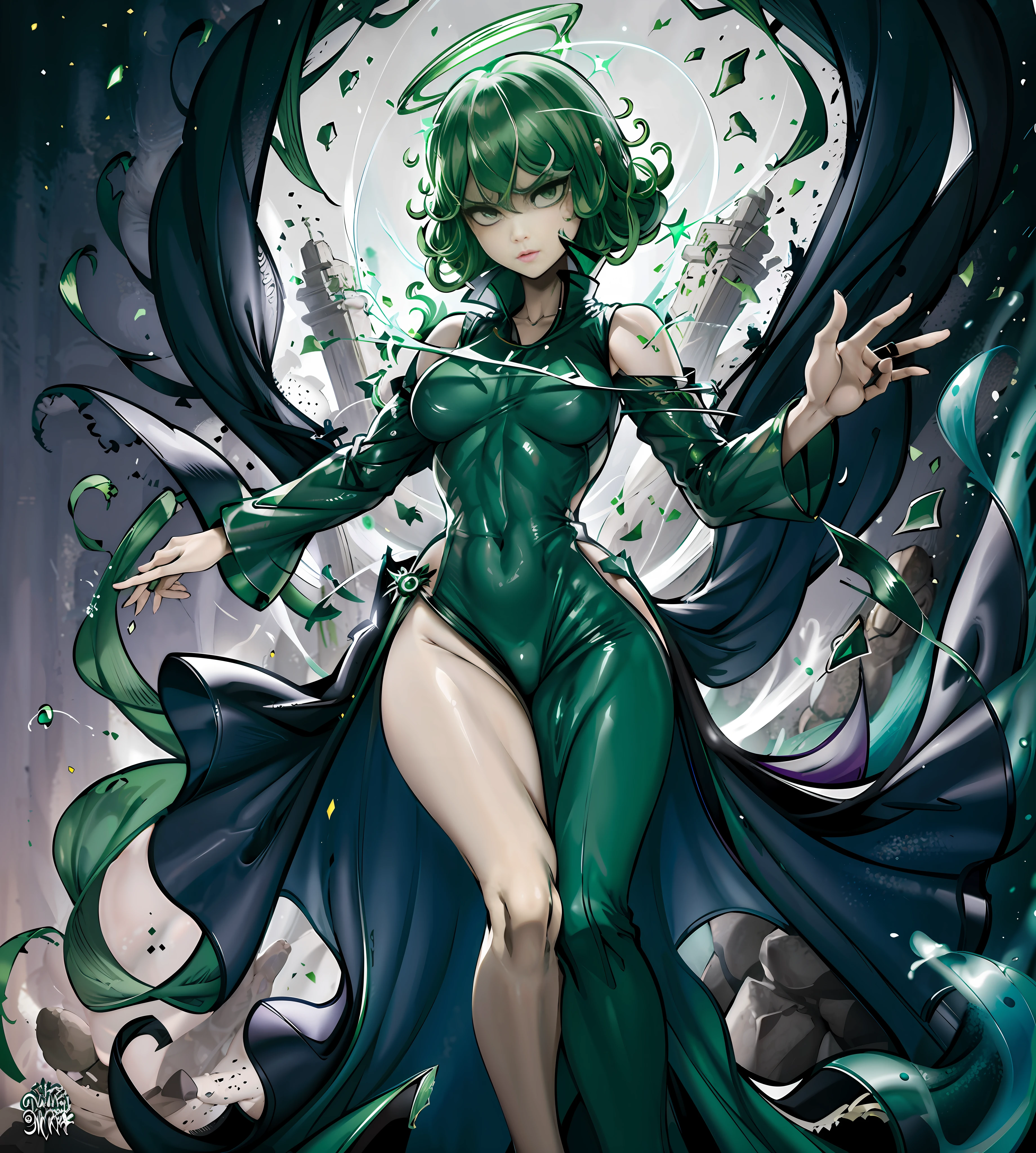 Transparent clothes. Green hair, green hair, green hair. Plump thighs, clamping thighs, hands stretched upwards, face and body facing the audience, slender waist, tornado, flat chest, black skirt, pelvic curtain (tatsumaki: 1.7), girl trasparent black latex dress, long sleeves, thick thighs, Wide hips, green light, pot curtain, green halo, see-through clothing, no, cameltoe, 1girl, Chen Juan, green hair, green eyes, dress, solo, black dress, big breasts, small breasts, thighs, curly hair, belly button covered