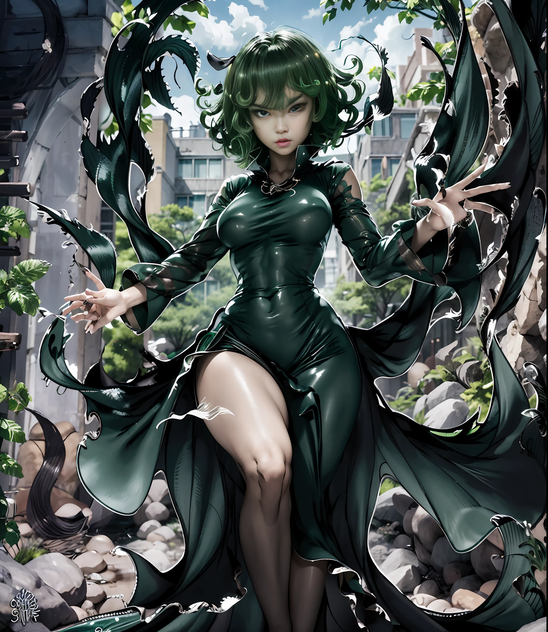 8k clothing material, 8k ultra-clear. Transparent clothes. Green hair, green hair, green hair. Plump thighs, clamping thighs, hands stretched upwards, face and body facing the audience, slender waist, tornado, flat chest, black skirt, pelvic curtain (tatsumaki: 1.7), girl trasparent black latex dress, long sleeves, thick thighs, Wide hips, green light, pot curtain, green halo, see-through clothing, no, cameltoe, 1girl, Chen Juan, green hair, green eyes, dress, solo, black dress, big breasts, small breasts, thighs, curly hair, belly button covered