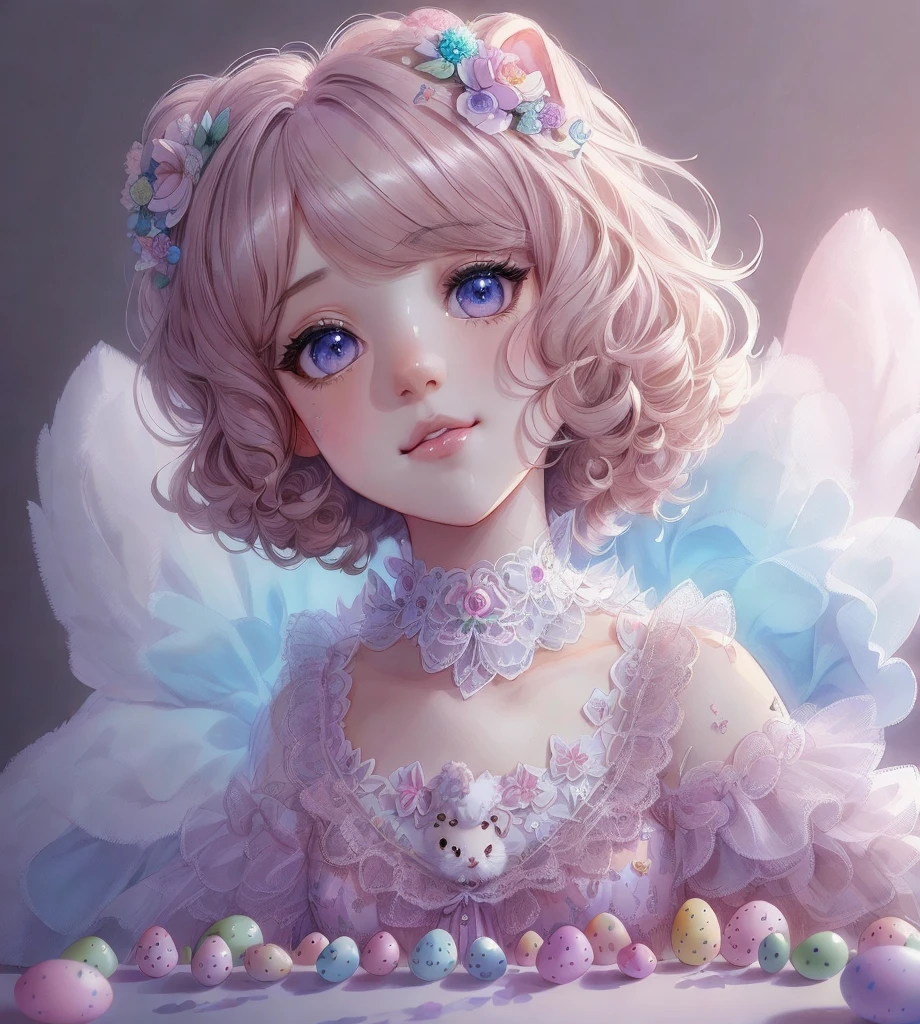 Beautiful animal poodle with dreamy eyes, volumetric lighting, hyper realistic, intricate details, illustration, drawing, watercolor, kawaii chibi, eating easter eggs, wow! , shallow depth of field, soft palette, soft light, minimalist, modern, digital painting, by lois van baarle and ross tran and artgerm, trending on Artstation HQ, very detailed