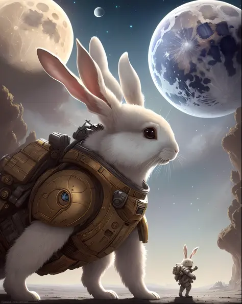 Masterpiece, Best Quality, Highly Realistic, Rabbit in Super Gear, Super Big Ears, On the Moon, (Earth: 1.3) Background, Detailed Rendering, Strong Trend, ArtStation, DeviantArt, ArtStation HD, 8K HD Resolution, Fantasy The art, said to be Greg Rutkowski s...