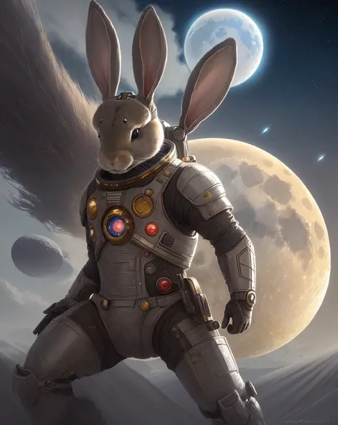 Rabbit astronaut in spacesuit with moon in background, wojtek fus, anthropomorphic bunny, two big ears, inspiration by stefan koidl, bunny robot, inspired by Scott Listfield, bunny warrior, cute anthropomorphic bunny, inspired by Craig Mullins , rabbt_char...