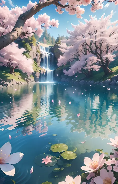 Masterpiece, best quality, (very detailed CG unity 8k wallpaper) (best quality), (best illustration), (best shadows) Critters Vibrant colors, water, natural beauty, peaceful oasis , cherry blossom tree, petals floating in the air, blue sky wonderland ray t...