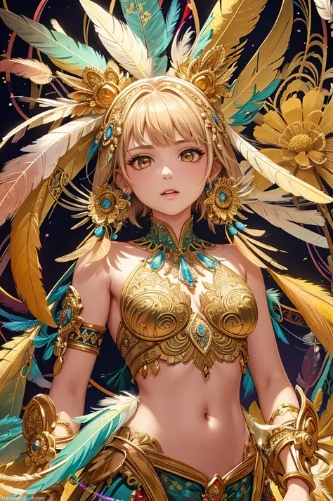 A girl with small breasts, bare shoulders, golden hair, colored feathers, metal ornaments, colored flowers, particles, light rays, (masterpiece, top quality, best quality, official art, beautiful and aesthetic:1.2), (1girl:1.3), extremely detailed,(fractal...