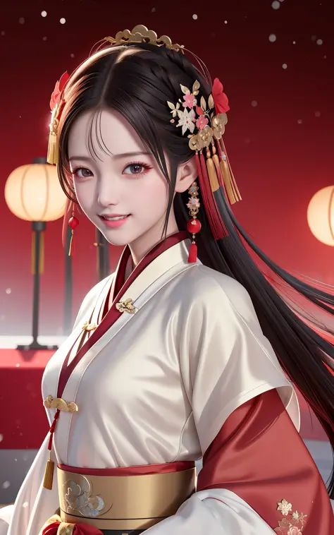 High resolution, 1girl, (glamorous smile: 0.8), Chinese Hanfu, red Hanfu, hair accessories, snow, beauty, ultra-high-definition pictures, complex and detailed light, shadow and refraction, exquisite and high-quality atmospheric lighting, Octane rendering e...