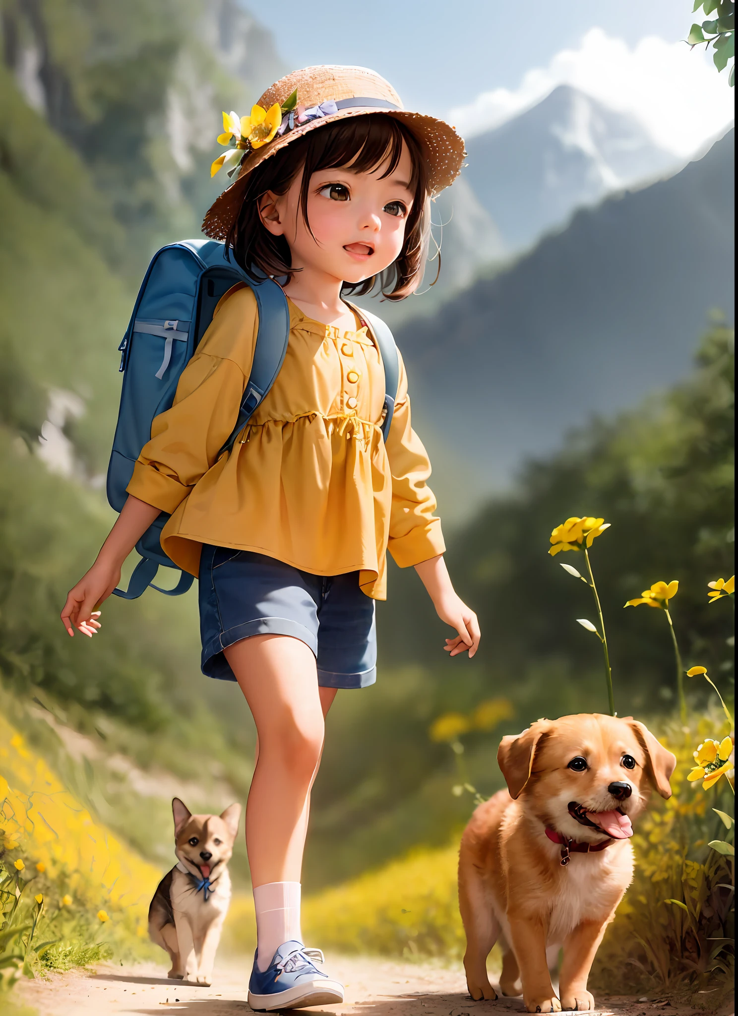 Una encantadora con mochila disfruta de una linda salida primaveral rodeada de hermosas flores amarillas y naturaleza con su lindo cachorro. La ilustración es una ilustración de alta definición con resolución 4K con rasgos faciales muy detallados e imágenes de estilo dibujos animados., (Danza de la mariposa)
