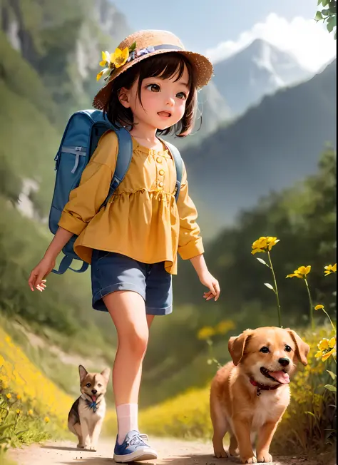 A charming little girl with a backpack is enjoying a cute spring outing surrounded by beautiful yellow flowers and nature with h...