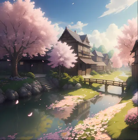 Masterpiece, best quality, (very detailed CG unity 8k wallpaper) (best quality), (best illustration), vibrant colors, Hayao Miyazaki style village vibrant colors petals floating in the air