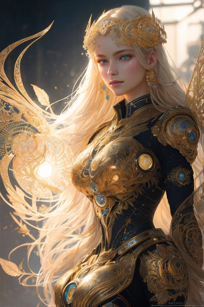 Retrato de um lindo ciborgue com cabelo dourado 8k, Intrincado, elegante, finamente detalhado, majestoso, Fotografia digital, artgerm e o trabalho de Ruan Jia e Greg Rutkowski, pintura surreal, filigrana, vidro quebrado, (obra de arte, luz lateral, olhos finos e lindos: 1.2), HDR