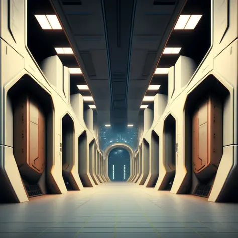 sci-fi corridor with doors and secon floor