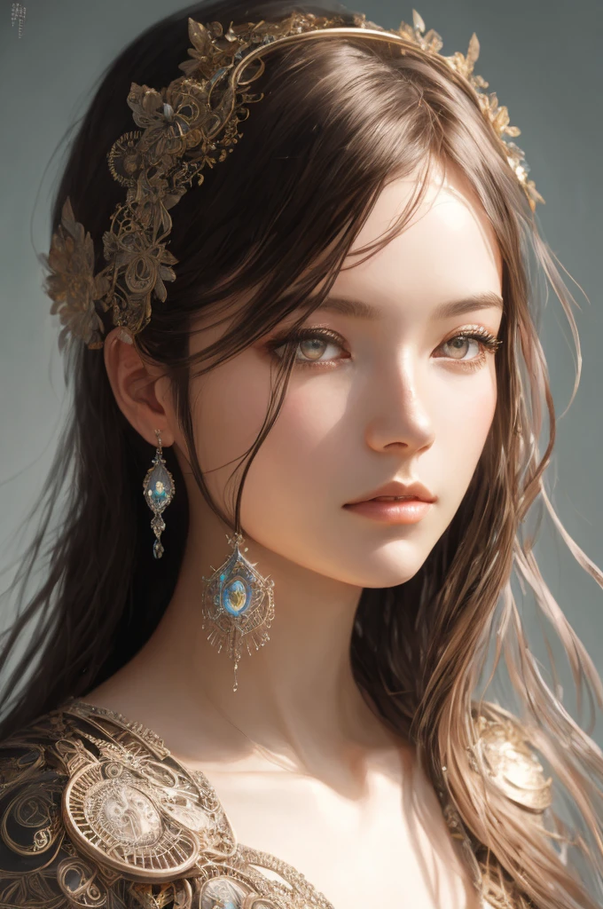 A person, 8k silver hair, messy hair, front view, upper body, portrait of a beautiful cyborg, intricate, elegant, detailed, majestic, digital photography, artgerm and artwork by Ruan Jia and Greg Rutkowski, surreal painting , Filigree, Broken Glass, (Masterpiece, Sidelight, Delicate and Beautiful Brown Eyes: 1.2), HDR, Full Frontal Display