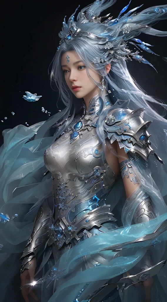 a close up of a woman in a silver and blue dress, chengwei pan on artstation, by Yang J, detailed fantasy art, stunning character art, fanart best artstation, epic exquisite character art, beautiful armor, extremely detailed artgerm, detailed digital anime art, artgerm on artstation pixiv, armor girl