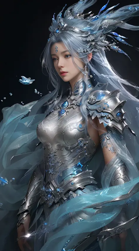 a close up of a woman in a silver and blue dress, chengwei pan on artstation, by Yang J, detailed fantasy art, stunning character art, fanart best artstation, epic exquisite character art, beautiful armor, extremely detailed artgerm, detailed digital anime...