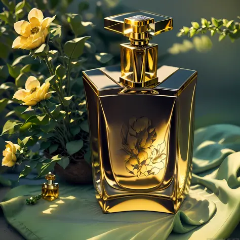 Close-up of a bottle of perfume, high-end, generating a beautiful golden background atmosphere, exquisite beauty head portrait background, OC rendering, light and shadow, Product photography of a perfume bottle arranged with plants and flowers, realistic, ...