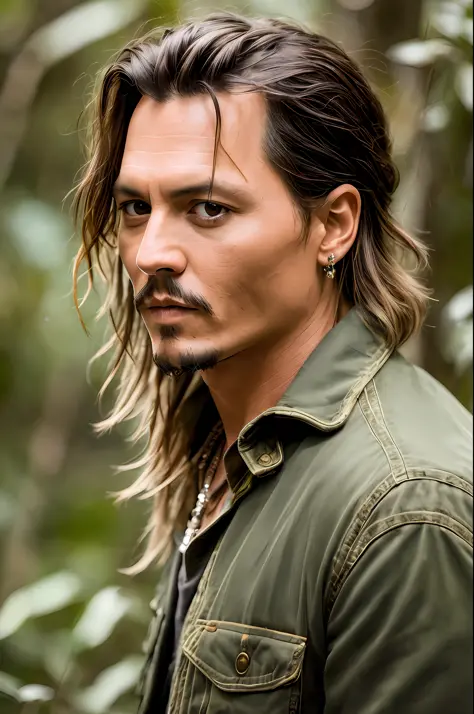 Masterpiece, Johnny Depp Walks Through the Jungle (Night of Fireflies), (High Detail: 1 1), Rough Face, Natural Skin, High Quality, NSFW, Beautiful Eyes, (Detailed Face and Eyes), (Face :1 2), noise, extra, real photo, PSD, light film photography, sharp fo...
