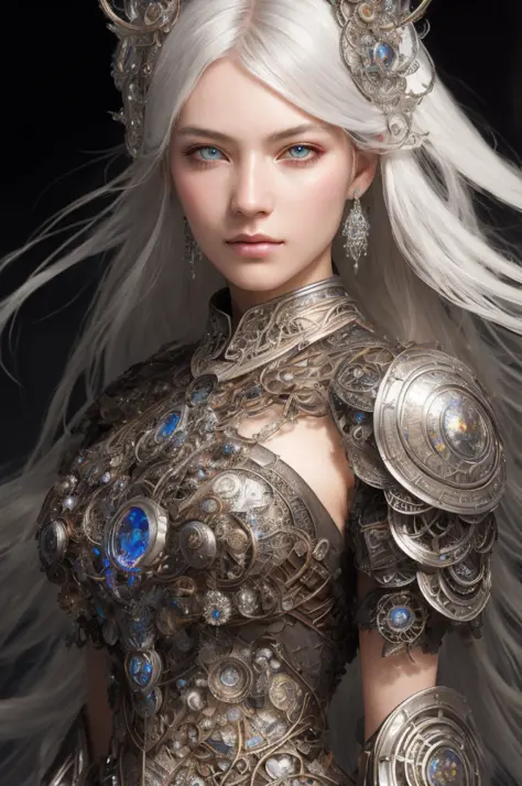 Portrait of a beautiful cyborg with 8k silver hair, messy hair, front view, intricate, elegant, detailed, majestic, digital phot...