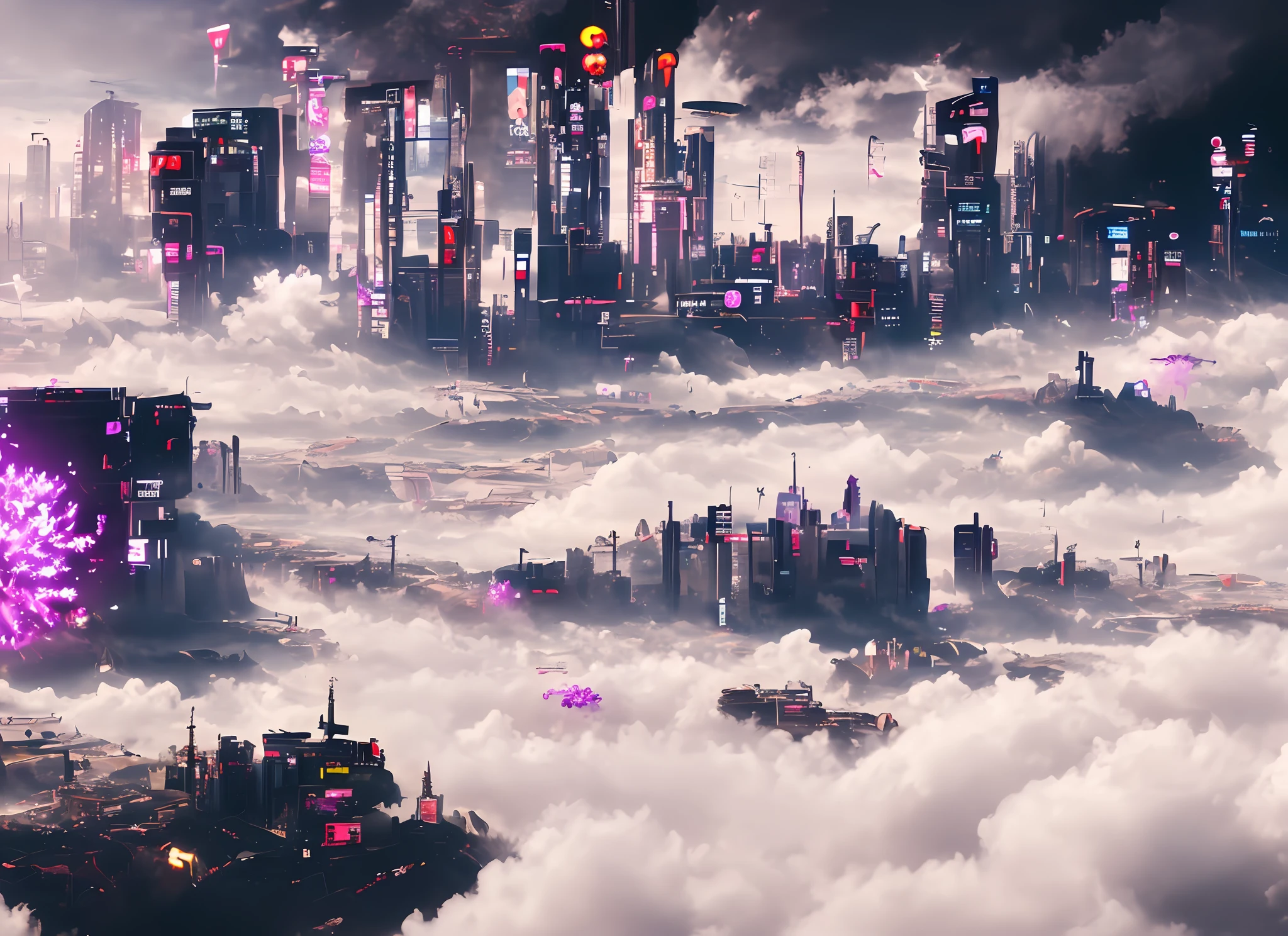 Cyberpunk style, flying clouds and flowers, smoke, clear focus, inspirational 8k wallpaper