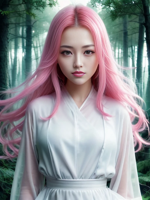 beautiful portrait painting of an anime girl, cute, pink hair, symmetrical face, symmetrical eyes, two identical symmetrical eyes, portrait, beautiful girl, artstation, trending on artstation, gorgeous, smooth skin, cutie, long hair, fantasy style, pastel colors , forest background, FHD, --version 3 --ar 2:3 --uplight --stylize 1250