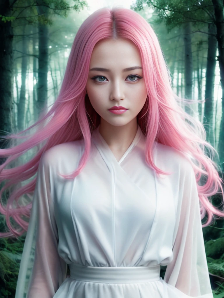 beautiful portrait painting of an anime girl, cute, pink hair, symmetrical face, symmetrical eyes, two identical symmetrical eyes, portrait, beautiful girl, artstation, trending on artstation, gorgeous, smooth skin, cutie, long hair, fantasy style, pastel colors , forest background, FHD, --version 3 --ar 2:3 --uplight --stylize 1250