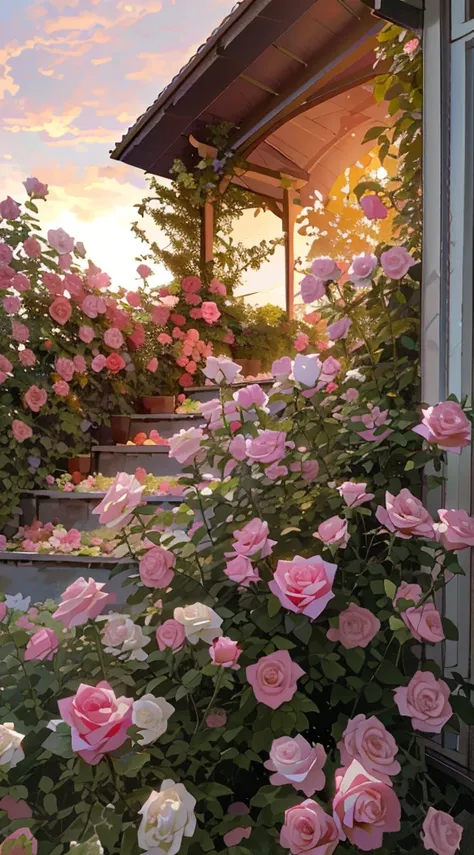 There is a large cluster of pink roses growing on the side of the ...