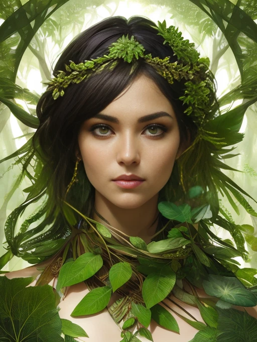 森林法師的肖像, 女性, 綠葉做的衣服, 華麗的, 綠髮, 古銅色的肌膚, 曲線, 森林背景, 非常詳細, 光滑的, 銳利的焦點, 明暗對比, 數位繪畫, 阿特傑姆、格雷格·魯特科夫斯基和阿爾方斯·穆夏