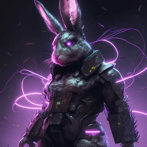 there is a rabbit with glowing eyes and a suit on, cyborg jackalope cyberpunk, electrixbunny, rabbit warrior, wojtek fus, rabbt_character, rabbit robot, bunnypunk, anthropomorphic rabbit, epic scifi character art, cyberpunk pikachu, epic sci-fi character art, epic sci - fi character art, alice in wonderland cyberpunk