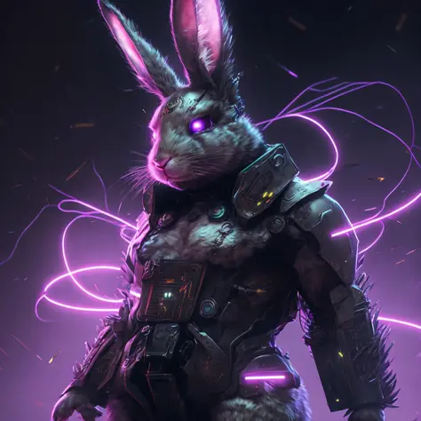 Mechanical bunny with glowing eyes, wearing a suit, cyborg horned bunny cyberpunk, electrixbunny, bunny warrior, wojtek fus, rab...