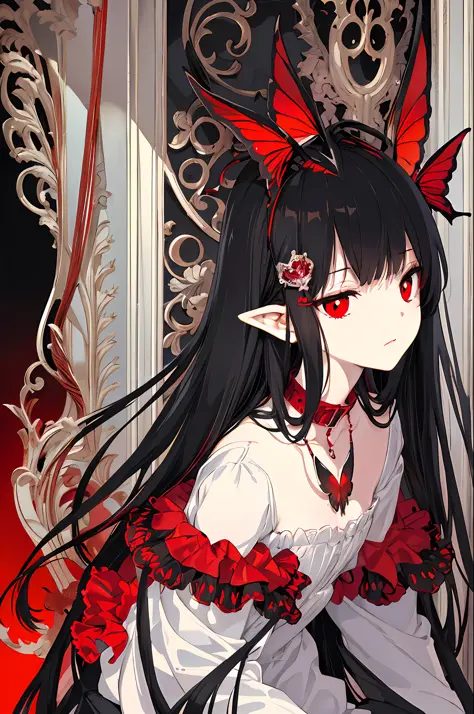 expressionless,,(dark fantasy),((wonderful illustration)),(detail splash), long black hair, red pupils, girl, pure black dress, ...